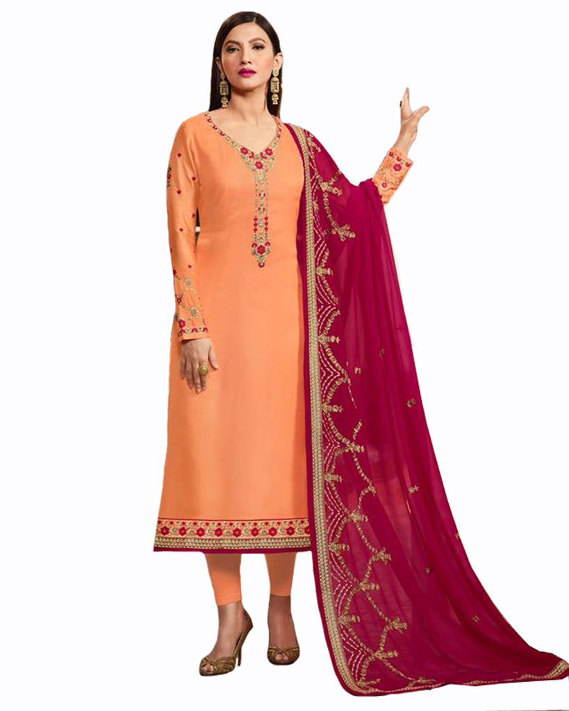 Light Orange Georgette Embroidery Straight Cut Salwar Suit